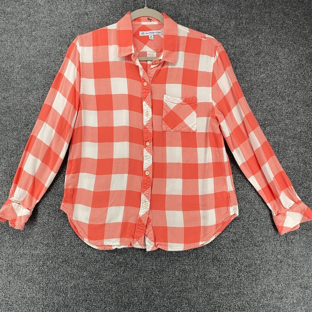 Southern Tide Shirt Womens M Orange White Check Plaid Button Up Casual‎ Western